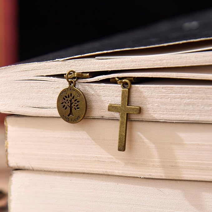 Bookmarks, Handmade Retro Cross Bible Bookmark with Long Leather Straps, Christian Saint Book Mark, My Famlly My Love (Style 20)