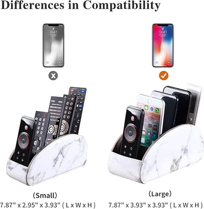 All-in-One Leather White TV Remote Holder with 5 Compartments Nightstand Desktop Media Player Remote Caddy Storage Box Organizer Tray for Mobile Phone Office Stationery