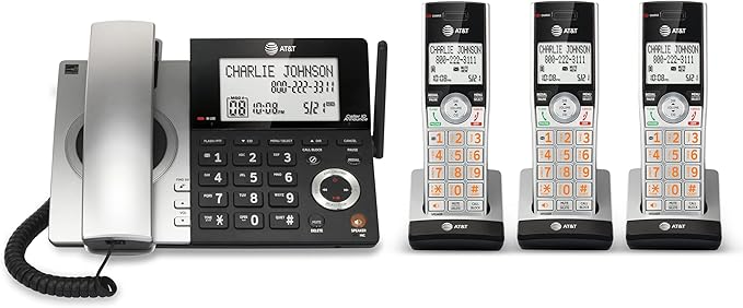 AT&T CL84307 Dect 6.0 Expandable Corded/Cordless Phone with Smart Call Blocker, Silver/Black with 3 Handsets