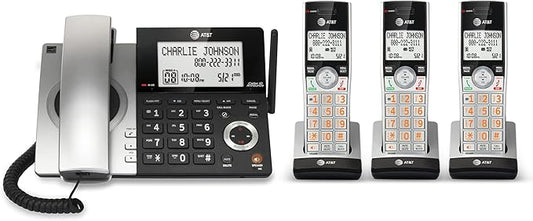 AT&T CL84307 Dect 6.0 Expandable Corded/Cordless Phone with Smart Call Blocker, Silver/Black with 3 Handsets