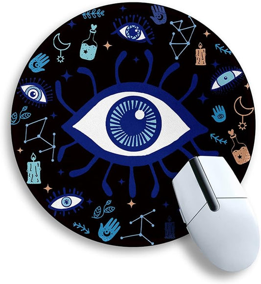 Evil Eye Round Mouse Pads for Desk, Cute Small Mousepad for Laptop Gaming Men, with Stitched Edge Non-Slip Rubber Base, Evil Eye Home Office Decor Desk Accessories Cute Office Supplies Gift for Women