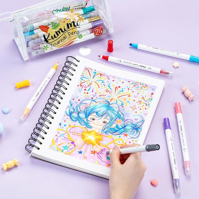 Ohuhu Journal Pens 24 Colors Dot Markers Pens Dual Tips (Calligraphy Brush & Dot) for Adults Water-based Metallic & Regular Colors Dot Pens for Lettering Journal Scrapbooking Coloring Markers - Kumimi