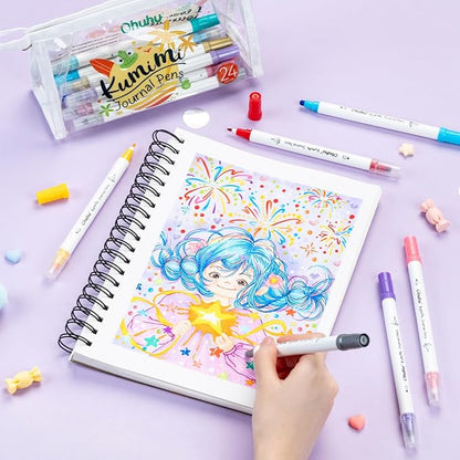 Ohuhu Journal Pens 24 Colors Dot Markers Pens Dual Tips (Calligraphy Brush & Dot) for Adults Water-based Metallic & Regular Colors Dot Pens for Lettering Journal Scrapbooking Coloring Markers - Kumimi
