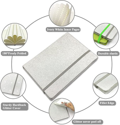 Silver Glitter Notebook, 8.3x5.7” 160 Lined Pages Glitter Never Peel Off Sparkle Journal for Girls College Ruled A5 Hardcover Notebooks for Teens Women Writing Note Taking Office Work School Gifts