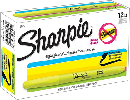 Sharpie Pocket Style Highlighters, Chisel Tip, Fluorescent Yellow, Box of 12