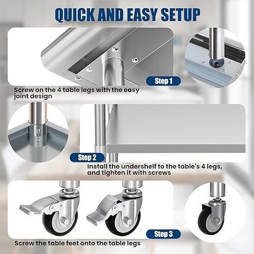 Stainless Steel Table with Wheels 30 x 60 Inches Metal Food Prep Table with Backsplash & Adjustable Undershelf, Utility Table for Kitchen, Outdoor, Restaurant, Bar & Garage