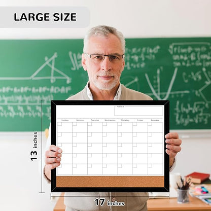 ABERLLS Monthly Calendar Dry Erase Board for Wall, 17''x13'' Whiteboard with Black Wood Framed, Magnetic White Boards, 2in1 White Board Cork Board Combo