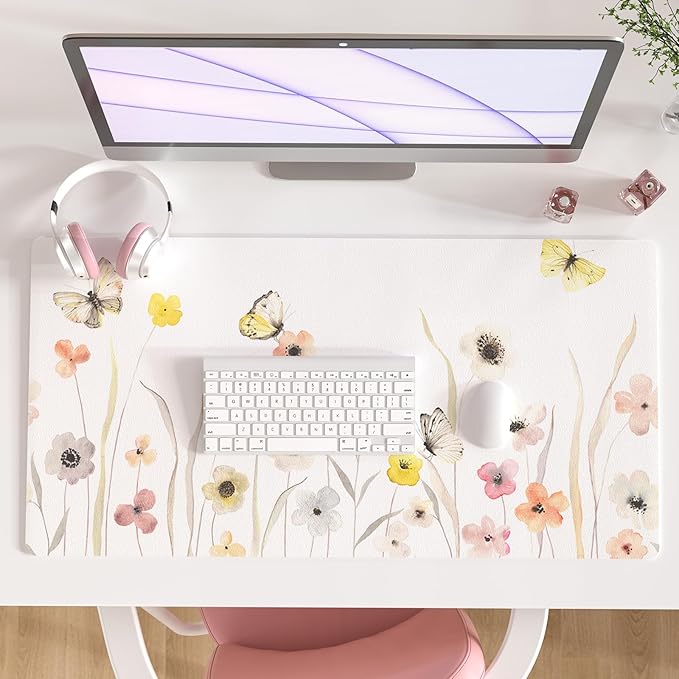 Colorful Star Large Desk Mat, Watercolor Floral Mouse PadOffice Supplies, Waterproof PU Leather Gaming Mousepad for Women Girls, Butterflies Desk Pad Home Office Decor Desk Accessories 31.5" x 15.7"