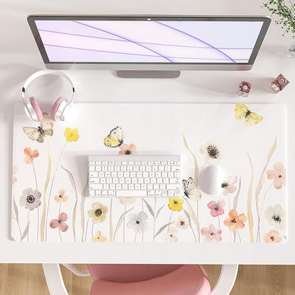 Colorful Star Large Desk Mat, Watercolor Floral Mouse PadOffice Supplies, Waterproof PU Leather Gaming Mousepad for Women Girls, Butterflies Desk Pad Home Office Decor Desk Accessories 31.5" x 15.7"