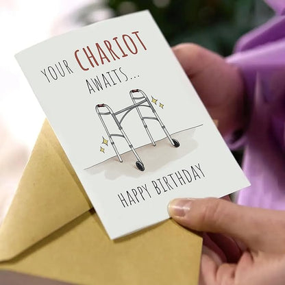 Premium Funny Birthday Card for Dad, Mom, Grandpa, Grandma, Family 40th 50th 60th 70th 80th, Unique Your Chariot Awaits Greeting Birthday Gifts Card, Quality Cardstock With Kraft Envelope & Sticker
