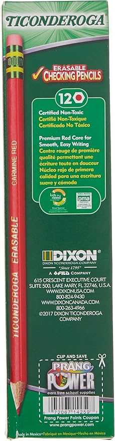 Ticonderoga Erasable Checking Pencils with Eraser, Pre-sharpened, Red, 12-Pack (14259) & Erasable Checking Wood-Cased Pencils, Pre-Sharpened, Blue, 12 Count