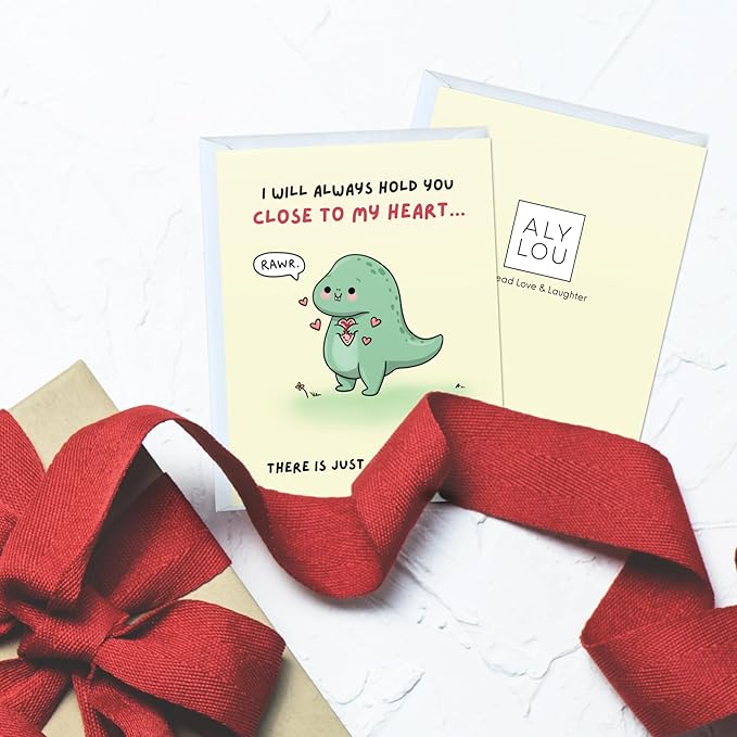 ALY LOU Anniversary Card for Her Him/Girlfriend Wife/Husband Boyfriend, Friendship Thank You Birthday Kawaii Greeting Card (Close to heart (t-rex))