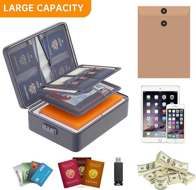 DocSafe 5200°F Document Organizer with Lock,Upgraded Heat Insulated Fireproof＆Waterproof Box 8 Layers File Organizer,Portable Home Travel Safe Storage for Important Documents, Files,Gray (Soft)