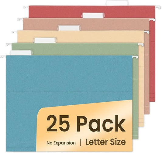 SUNEE Hanging File Folders Retro Colors, 25 Pack Letter Size File Folders with 1/5-cut Tabs, Stay Organized for Your Home and Office Bulk File and Documents