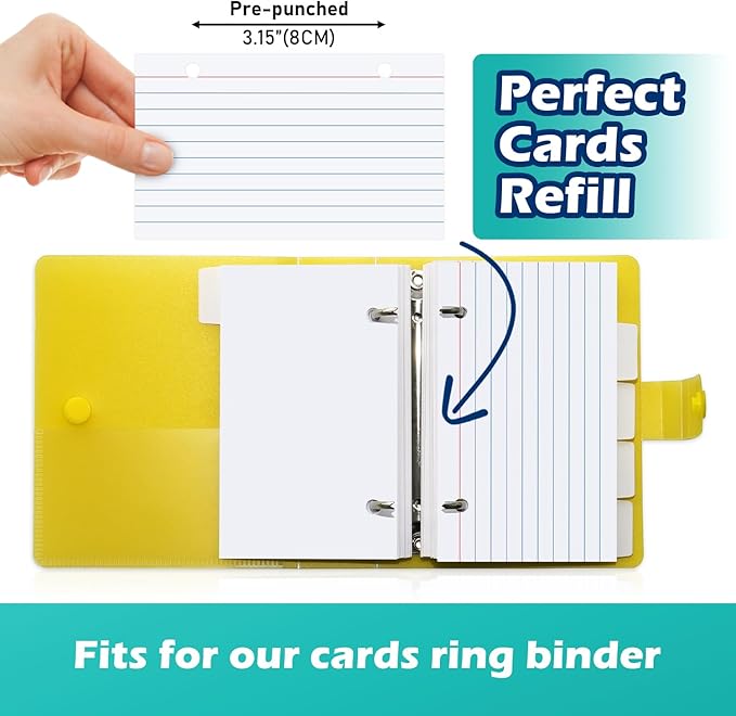 Olivo Index Card Binder Refills, White 3x5 Lined Index Cards with Ring, 2 Holes Punched, 100 Count