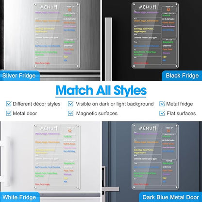 Acrylic Menu Board for Kitchen Weekly Meal Planner Magnetic Planning Board w/ 8 Markers, Clear Weekly Calendar for Fridge Refrigerator Dry Erase Board Noteboard to Do Grocery Shopping List, 12x9’’