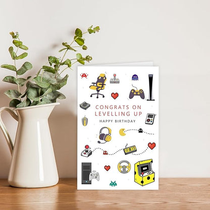 Happy Birthday Gaming Letterpress Card for Him Her, Funny Gamer Birthday Card for Son Daughter, Unique Game Boy Birthday Card, Game Birthday Party Decorations for Brother Boyfriend Husband