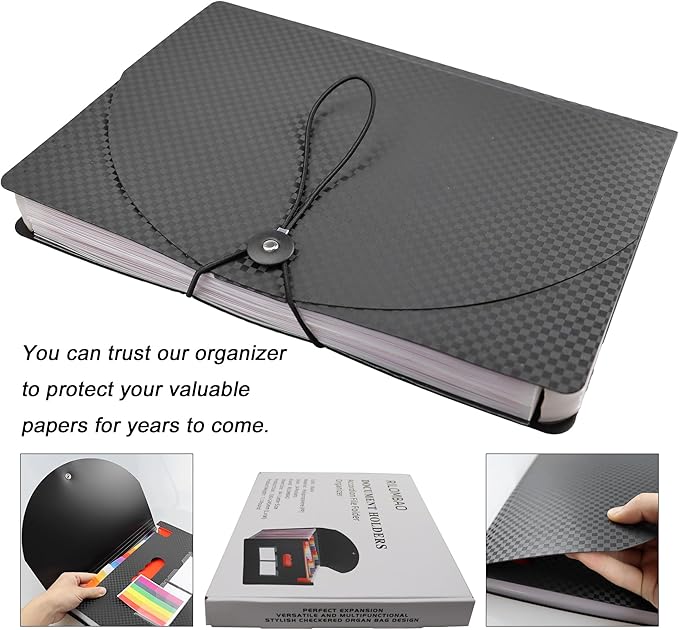 24 Pockets Accordion File Folder Organizer, Expandable Document Paper Receipt Bill Organizer with Color-Coded Tabs, Checkered Organ Bag Design - Letter/A4 Size for Home, Office, School, 1PCS