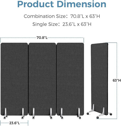 70.8" W x 63" H Freestanding Partition Room Dividers, Acoustic Panels with Wheels, 3 Soundproof Privacy Panels for Office, Reception Room, School, Hospital, Dark Grey
