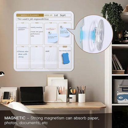 SELEAD Magnetic Glass Planning Board for Small Apartment - 18”x18” Dry Erase Whiteboard Weekly Planner Wall Calendar, Message Memo TODO Board for Home Kitchen, White&Gold