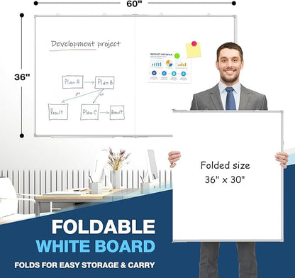 WALGLASS Large White Board Dry Erase Board, 60" x 36" Double-Sided Foldable Dry Erase Board for Wall, Magnetic Whiteboard for Office, Home, School, Kitchen