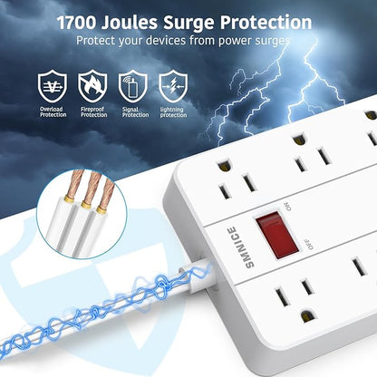 Flat Plug Extension Cord 15 Ft, SMNICE Surge Protector Power Strip with 8 Widely Spaced Outlets and 6 USB(1USB C) Ports, Wall Mount Long Charging Station for Dorm Home, Office Accessories, White
