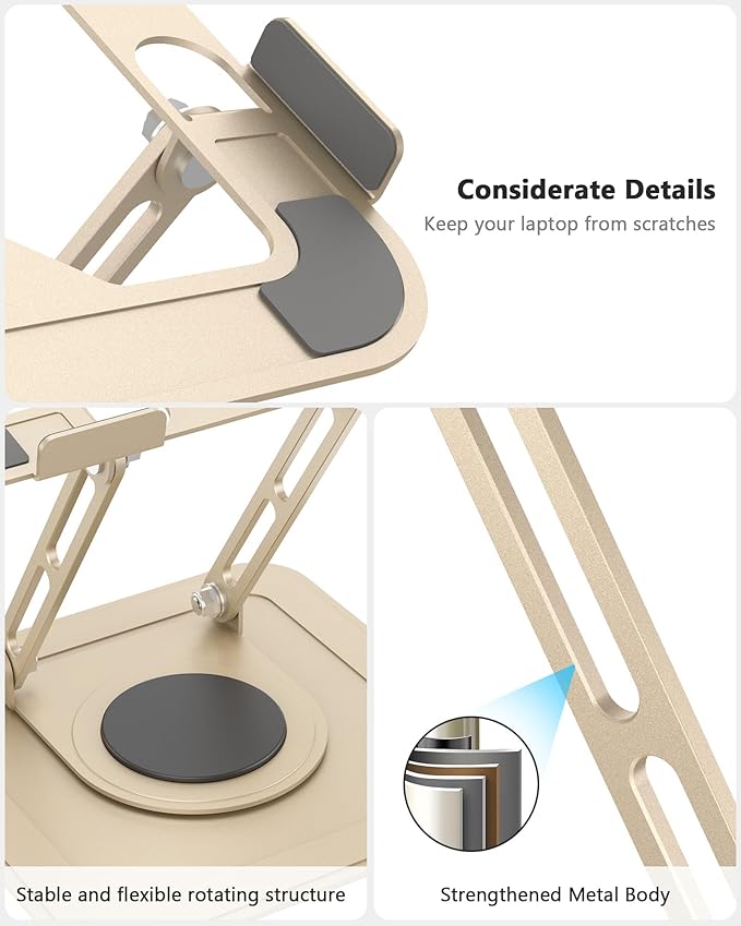 Laptop Stand for Desk,Adjustable Computer Stand with 360 Rotating Base,Ergonomic Laptop Riser Foldable Laptop Mount Protable Computer Stand for Laptop Compatible with MacBook Pro/Air 10-16",Gold