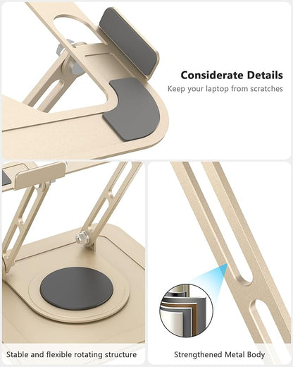 Laptop Stand for Desk,Adjustable Computer Stand with 360 Rotating Base,Ergonomic Laptop Riser Foldable Laptop Mount Protable Computer Stand for Laptop Compatible with MacBook Pro/Air 10-16",Gold