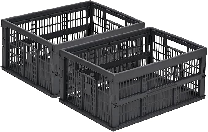2-Pack Pastel Plastic Storage Baskets, Collapsible Crates for Organizing, Space-Saving Bins for Classroom, Kitchen, Office, Bedroom (Dark Grey, 19" x 13" x 9")