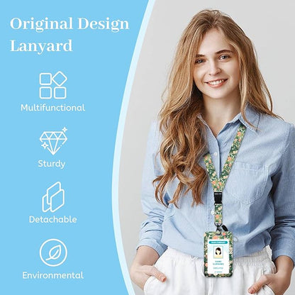 Lanyards for Id Badges, Cat Flower Floral Badge Holder with Retractable Reel Clip, Cute Work Name Tags Keychain Lanyard ID Card Protector Cover Case for Women Teacher Nurse Doctor Office