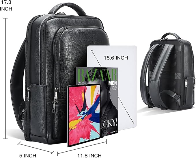 BOPai Genuine Leather Backpack for Men Multi-Function 15.6 inch Laptop Premium Executive Business Travel Friendly Smart Rucksack with USB Charging Anti Theft Large Capacity Office Classic Black