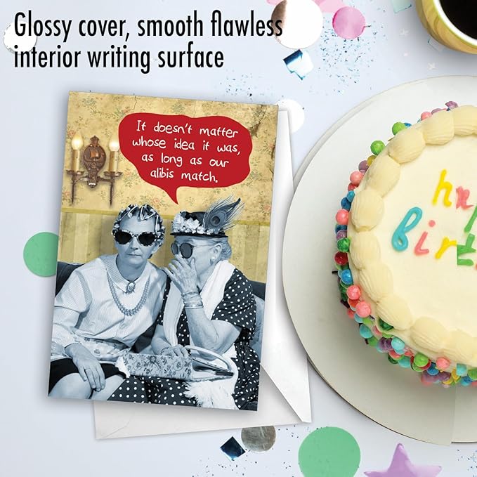 NobleWorks - 1 Funny Happy Birthday Greeting Card - Retro Old Woman Humor, Notecard Talk Bubbles - Matching Alibis C3537BDG