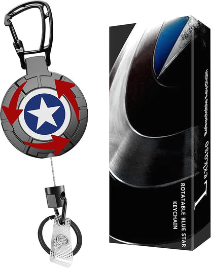 Rotating Blue Star Faceplate Badge Reel with Retractable Steel Wire Keychain, Heavy Duty Carabiner Holder, Ideal for Key & Card Storage Gift for Men