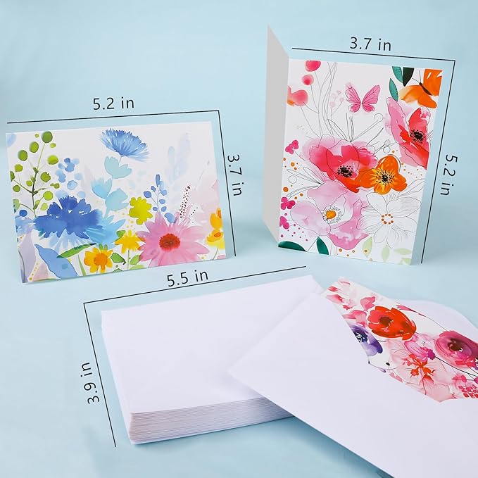 48 Pack Blank Cards and Envelopes, Watercolor Flowers Blank Greeting Cards, Blank Cards for All Occasion