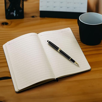 A5 Leather Journal Notebook with Pen, 200 Pages Hardcover Journal with Pocket, 100gsm Thick Lined Paper Daily Diary for Men and Women, Great Gift for Business School Travel Personal - Black