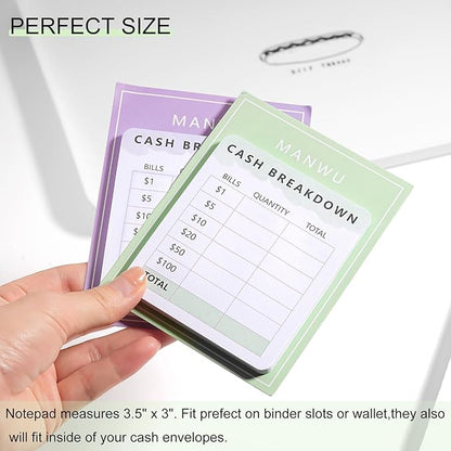 MANWU 2pcs Cash Breakdown Teller Sticky Note Tracker Memo Pad for Budget Planner Journey,Bank Teller Slip Notepad Cash Envelope System Accessory Cash withdraws for budgeting Savings Challenge