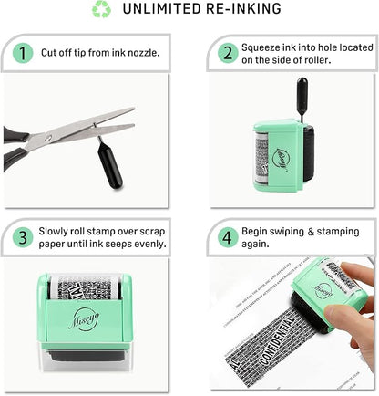 Miseyo Identity Theft Protection Roller Stamp Set - Mint Green (6 Refill Ink Incleded)