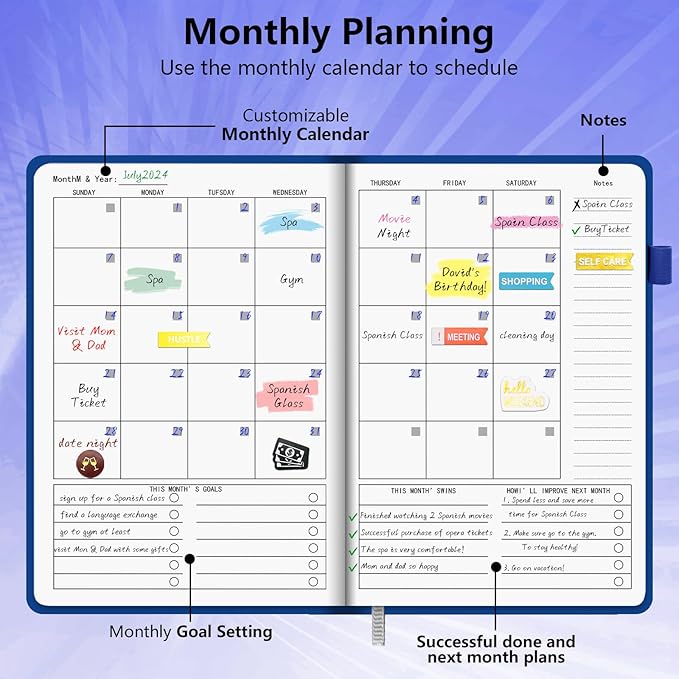 Leather Planner Monthly & Weekly 5.7"x8.5", Undated Productivity & Business Planner, Academic Planner to Boost Productivity, Undated School Planner Notebooks for Women Men with Note Pages