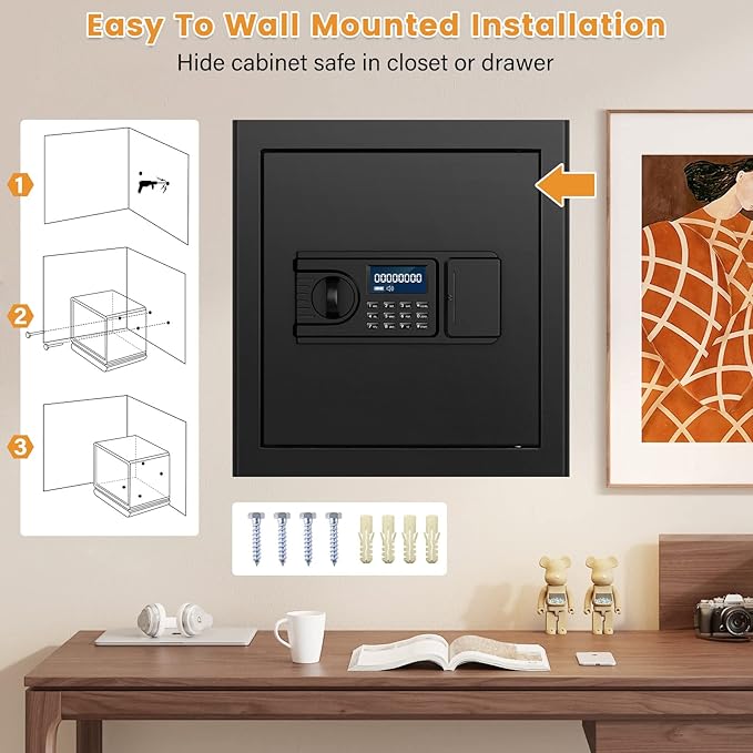 1.1 Cuft Home Safe Box with Fireproof Waterproof Bag, Large Security Digital Document Safes with LCD Keypad Keys, Anti-Theft Alert, Hidden Code Mode, Personal Combination Money Safe For Jewelry Office