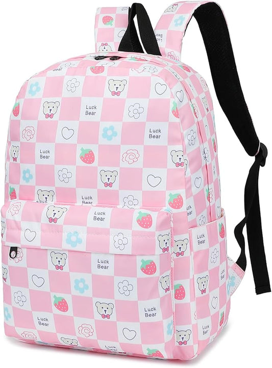 Checkered Bear School Backpack for Teens Girls, Womens College Bookbags Laptop Backpacks (Pink)