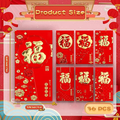 Red Envelopes Chinese, 36 Pcs Chinese New Year Red Envelopes 2025 Snake, Lunar New Year Envelopes, Good Fortune Red Pocket, Hong Bao, Chinese Luck Money Envelopes for Wedding Birthday Spring Festival