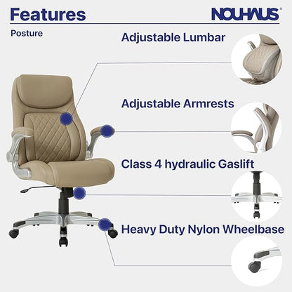 Nouhaus +Posture Ergonomic PU Leather Office Chair. Click5 Lumbar Support with FlipAdjust Armrests. Modern Executive Chair and Computer Desk Chair (Taupe)