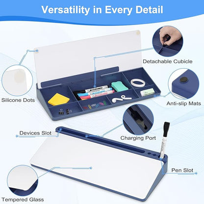 Glass Desktop Whiteboard with Storage, Desk White Board with Computer Keyboard Stand,White Dry Erase Board with Drawers for Home,School,Office - Blue