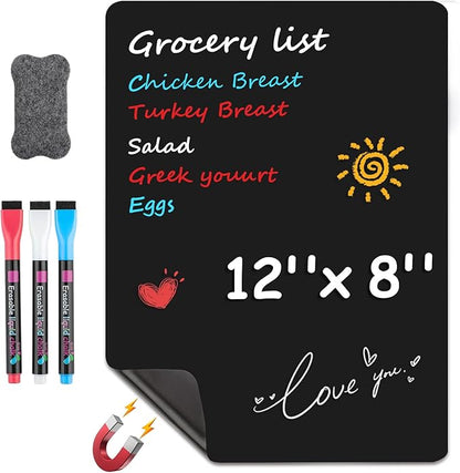 MaxGear Magnetic Black Dry Erase Board Sheet 12"x8" for Refrigerator, Small Fridge Magnetic Whiteboard for Kitchen, Fridge Shopping List for Family Planner and Grocery List, 3 Chalk Markers
