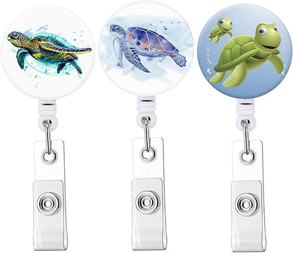 Retractable Badge Reel, Badge Holder with Alligator Clip, Cute Badge Clip on ID Name Card Holders for Nurse Doctor and Office (3Pack Cute Turtle)