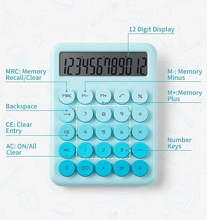 Calculator, Desk Calculators, Cute Blue Calculator, 12 Digit with Large LCD Display, Basic Standard Calculator, Big Button, Aesthetic Calculator, Mechanical Calculator for Office School