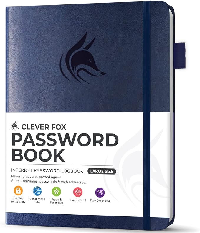 Clever Fox Password Book with Alphabetical tabs. Internet Address Organizer Logbook. Large Password Keeper for Website Logins (Dark Blue)