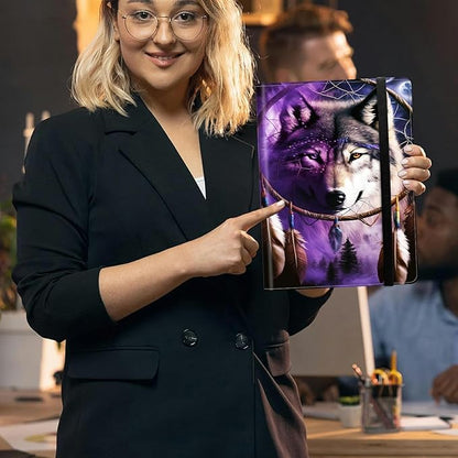 Dream Chasing Wolf Padfolio Folder with Clipboard,Portfolios Organizer Clipboards with Storage Clipboard Writing Pad PU Leather Conference Document Organizer with Business Card Holder