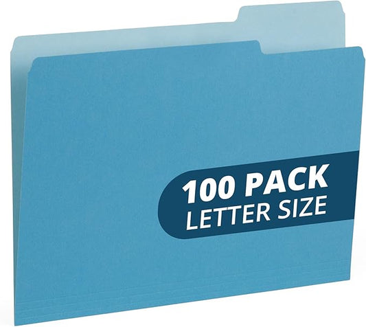 100 Blue Summit Supplies Blue File Folders - Letter Size 1/3 Cut 100 Pack, Two-Tone File Folders, Durable 11pt Paper, Blue Folders Bulk for Organization