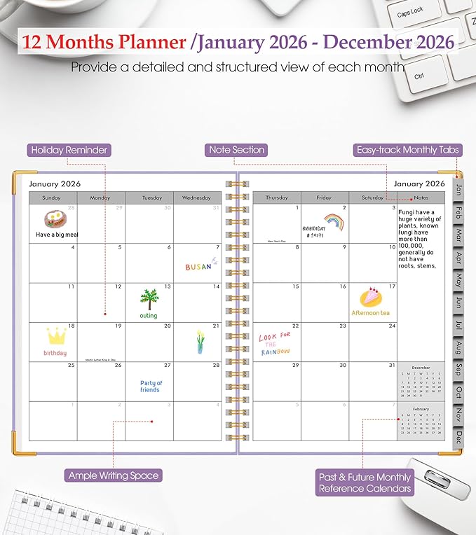 2026 Planner, Weekly and Monthly Calendar Planner from January 2026 - December 2026, 8.5" x 11" Hardcover Leather Hourly Appointment Book with Tabs, Spiral Daily Planners for College School Work Home, Purple